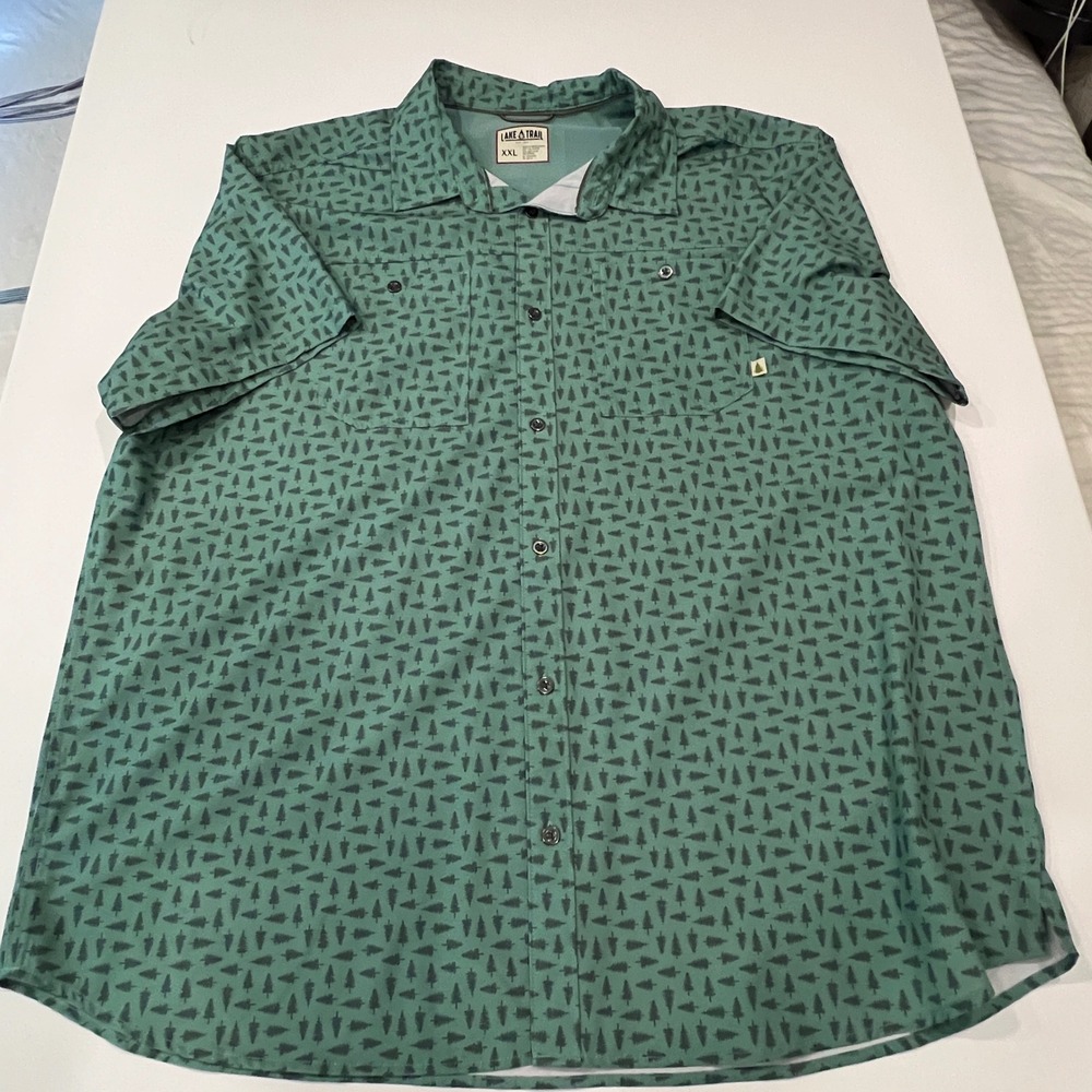 Lake & Trail Men XXL Pine Tree Print Fishing Shirt Green Outdoors Cabin Hiking